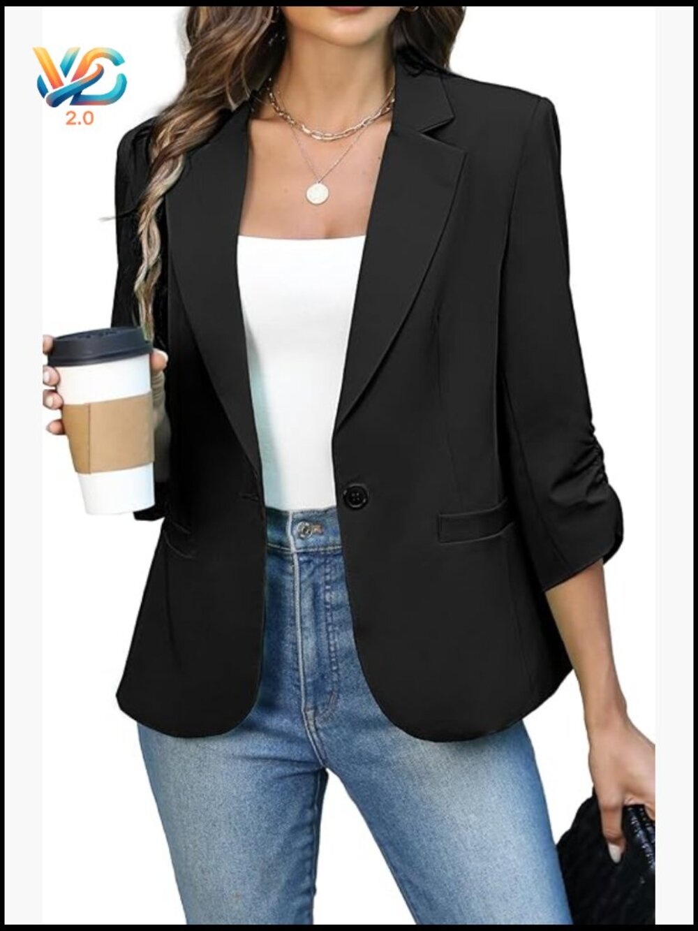 Lightweight Slim Fit Blazer With Ruched 3/4 Sleeves And Padded Shoulders